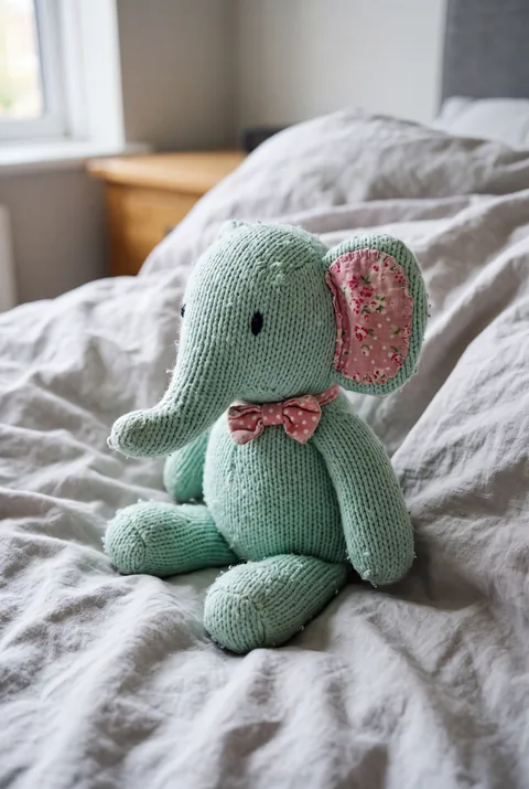 Foto van een gebreide olifantknuffel
